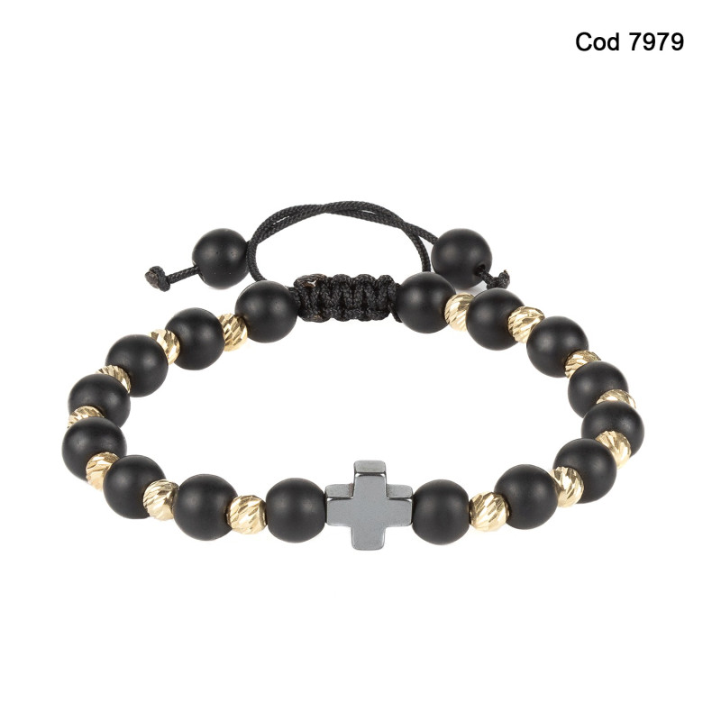 Bratara Kadras cu pietre onix de 6mm,bile de 4mm  de 14k si element central cruce din hematit