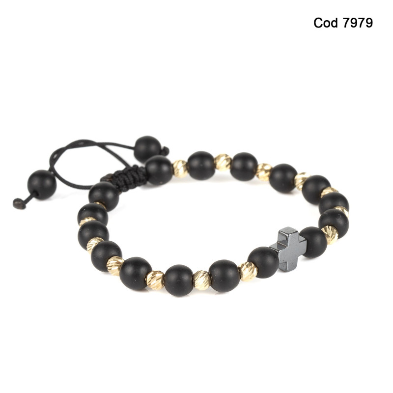Bratara Kadras cu pietre onix de 6mm,bile de 4mm  de 14k si element central cruce din hematit
