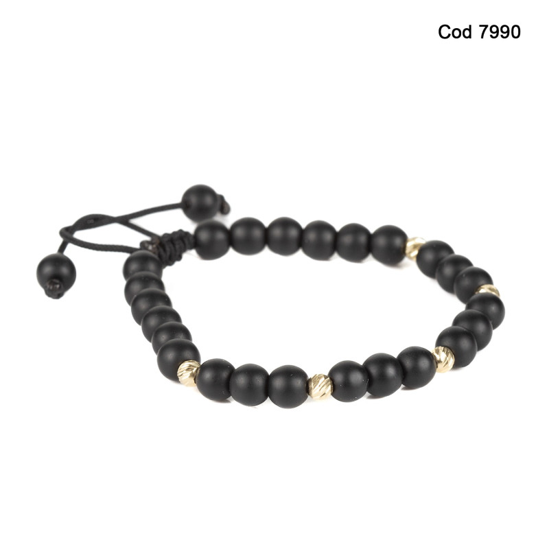 Bratara Kadras snur cu bilute din aur 14k si onix mat