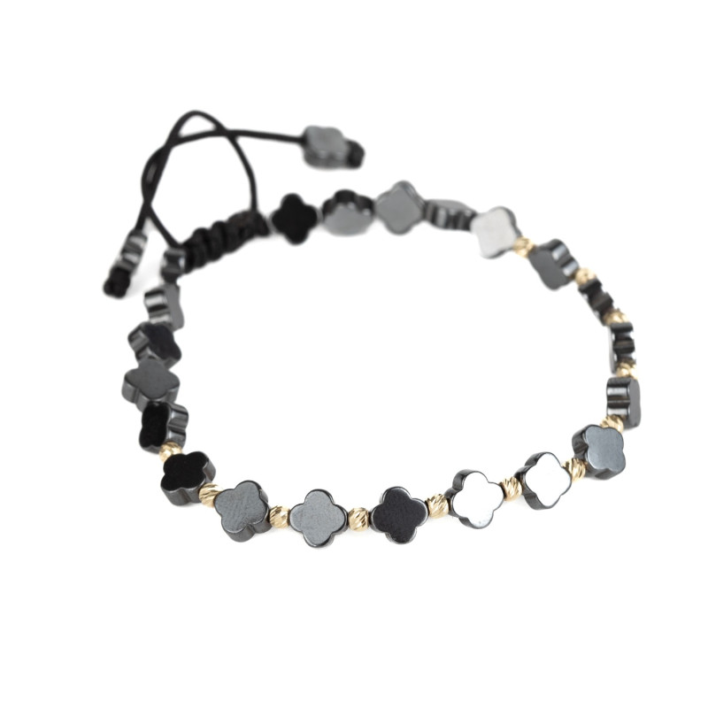 Bratara Kadras cu pietre hematit  si bile din aur de 14k