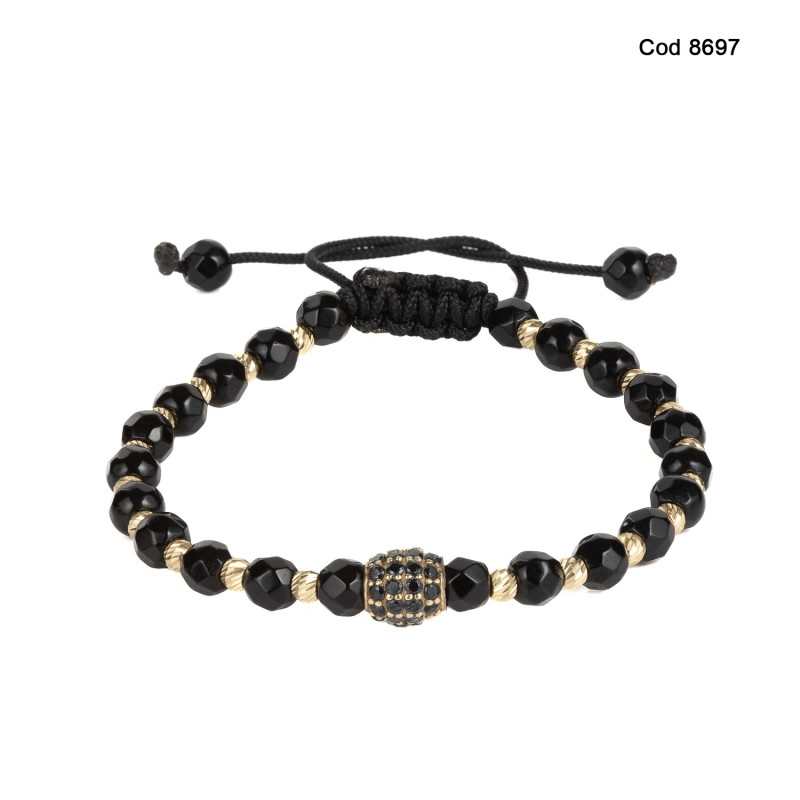 Bratara Kadras snur cu pietre onix si bilute din aur