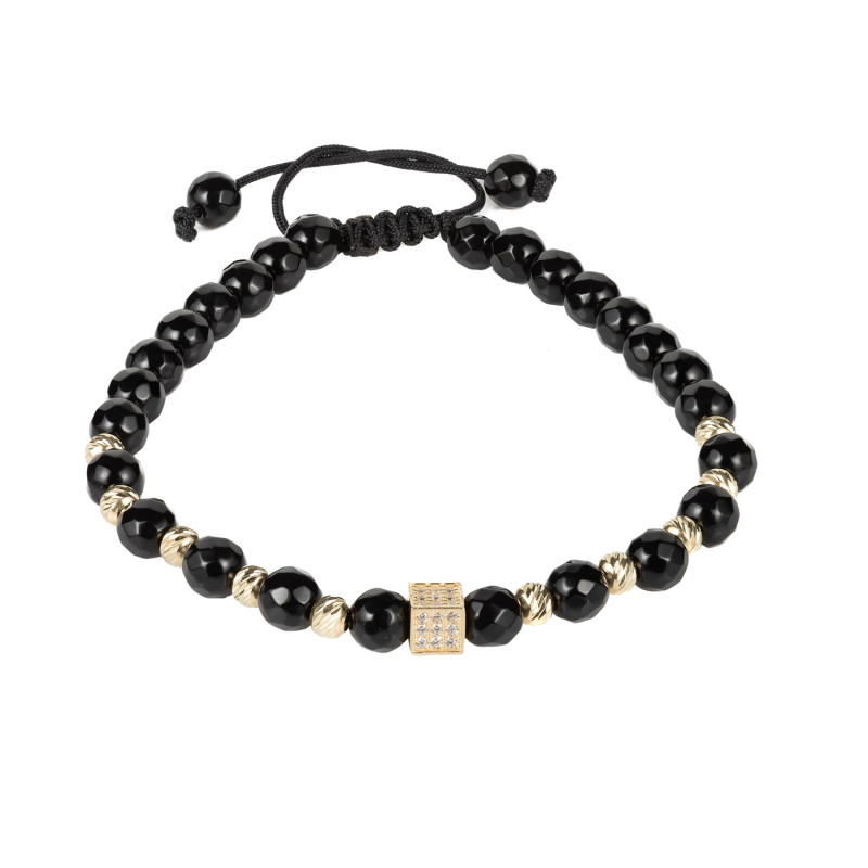 Bratara Kadras cu pietre onix de 6mm,bile de 4mm  aur 14k si element central zar