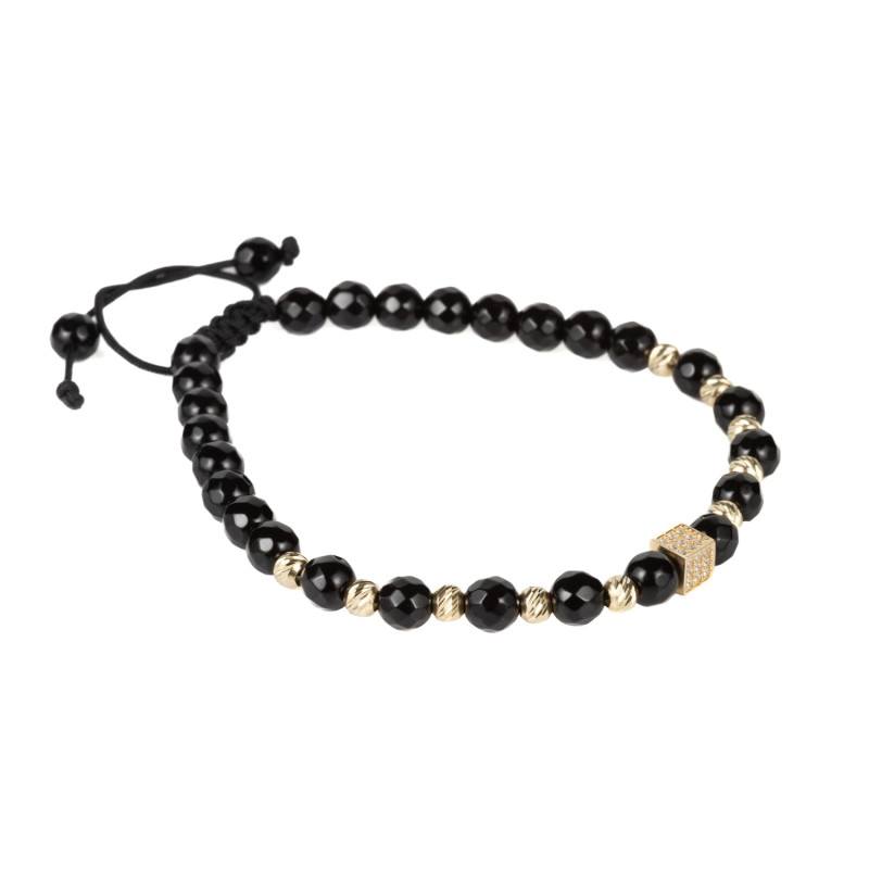 Bratara Kadras cu pietre onix de 6mm,bile de 4mm  aur 14k si element central zar