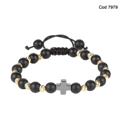 Bratara Kadras cu pietre onix de 6mm,bile de 4mm  de 14k si element central cruce din hematit