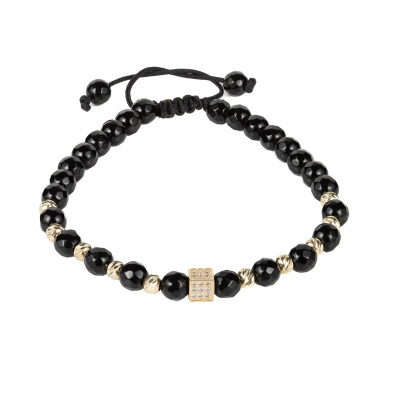 Bratara Kadras cu pietre onix de 6mm,bile de 4mm  aur 14k si element central zar